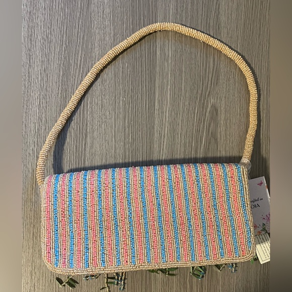 Striped Colorful Flowers Beaded Bag w/ Hanging Tassels Beads Viral TikTok Purse - Picture 3 of 8